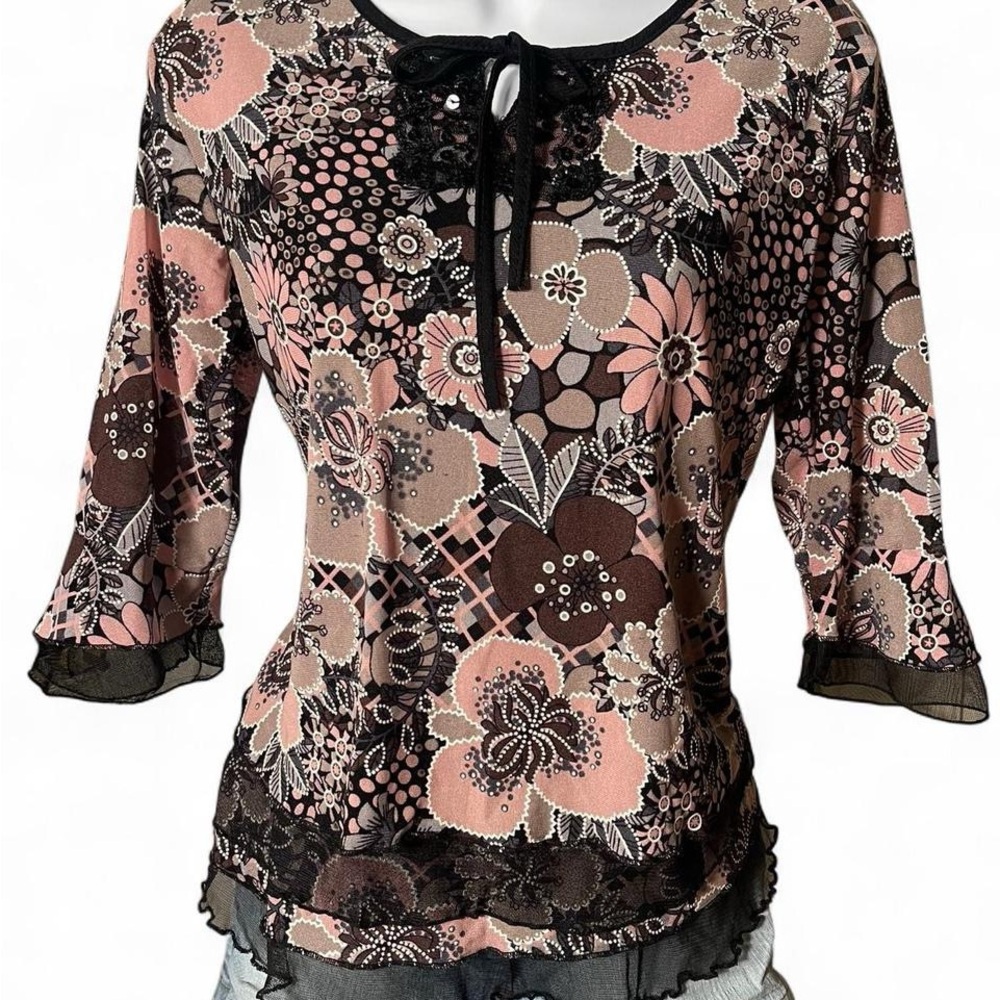 Y2K Boho Floral Mesh Sequin Top